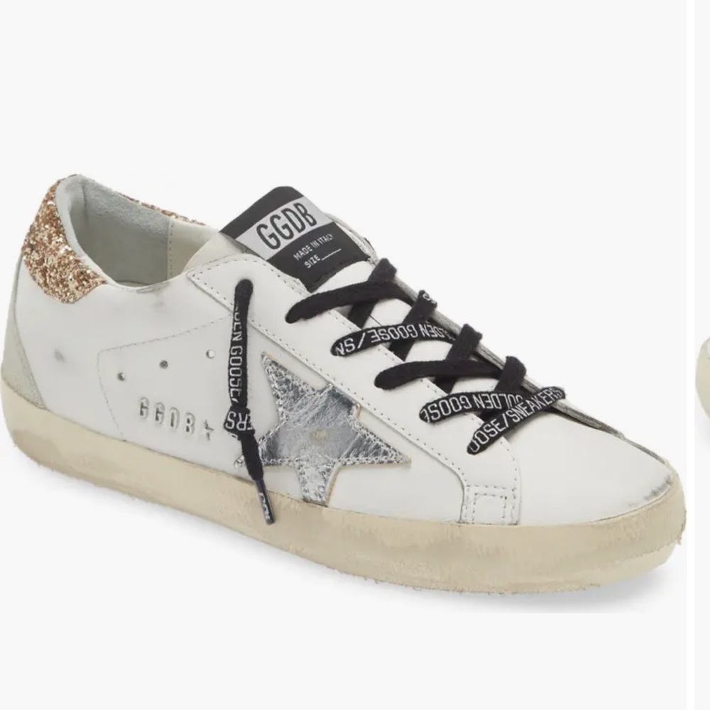 Golden Goose White Sneakers with Black Laces gold glitter back and silver star